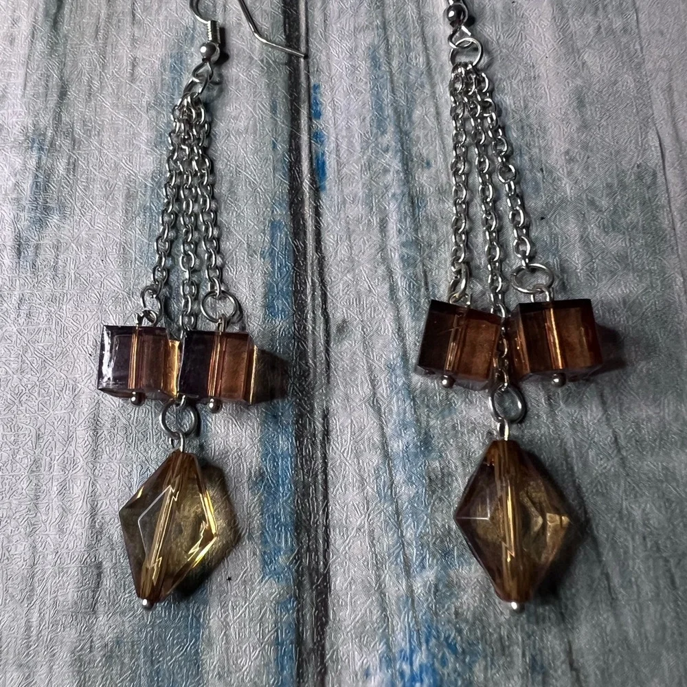 Vintage dangle earrings silver tone chain with Amber colored beads